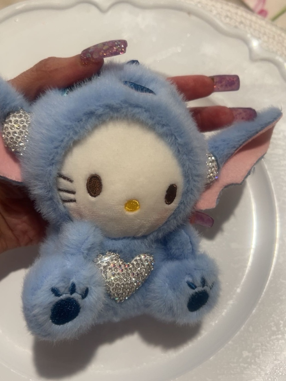 Sanrio Hello Kitty Blue Stitch Plush with Rhinestone Heart